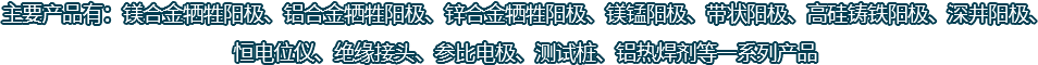 主要產(chǎn)品有：鎂合金犧牲陽(yáng)極、鋁合金犧牲陽(yáng)極、鋅合金犧牲陽(yáng)極、鎂錳陽(yáng)極、帶狀陽(yáng)極、高硅鑄鐵陽(yáng)極、深井陽(yáng)極、恒電位儀、絕緣接頭、參比電極、測(cè)試樁、鋁熱焊劑等一系列產(chǎn)品